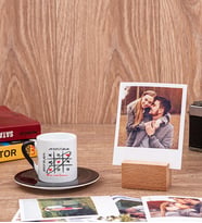 Aşk Her Zaman Kazanır Siyah Kahve Fincanı ve Ahşap Standlı Polaroid Set