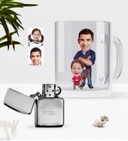 BK Gift Kişiye Özel Baba Kız Karikatürlü Cam Kupa Bardak Benzinli Metal Çakmak Seti-1 (Model 1)