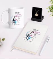 BK Gift Kişiye Özel Güzellik ve Saç Bakımı Öğretmeni Beyaz Kupa Defter Kalem ve İsimli Papatya Kolye Hediye Seti (Model 1)