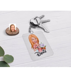 BK Gift Kişiye Özel Ev Hanımı Karikatürlü Şeffaf Pleksi Anahtarlık-2 (Beyaz)
