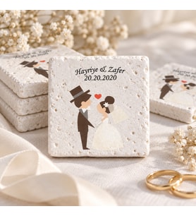 Kişiye Özel Doğal Taş İsimli Ve Tarihli Nikah Şekeri Magnet 5x5cm 30 Adet
