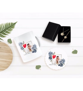 BK Gift Kişiye Özel Sevgililer Günü Temalı İsimli Fotoğraflı Kupa Bardak Altlığı ve Kolye Bileklik Hediye Seti-33 (Model 1)