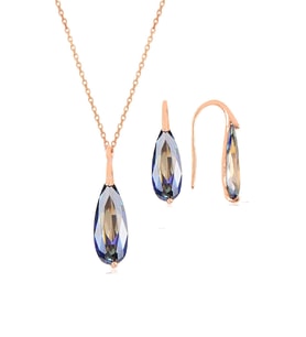 Söğütlü Silver Gümüş rose mavi mistik  taşlı damla kolye ve küpe ikili gümüş set