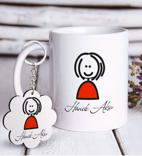 BK Gift Kişiye Özel Çöp Kadın Beyaz Kupa ve Anahtarlık Hediye Seti (Model 1)