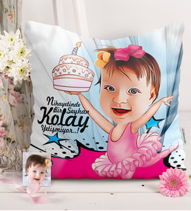 BK Gift Kişiye Özel Kız Çocuk Doğum Günü Karikatürlü  Yastık  1