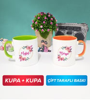 İkili Kişiye Özel İsim Yazılı Çiçek Tasarımlı Kupa Bardak Yeşil Turuncu