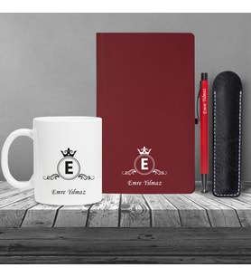 Kişiye Özel UV Baskılı Klasik Model Bordo Defter ve Kırmızı Tükenmez Kalem ve Kupa Seti