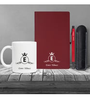 Kişiye Özel UV Baskılı Klasik Model Bordo Defter ve Kırmızı Tükenmez Kalem ve Kupa Seti