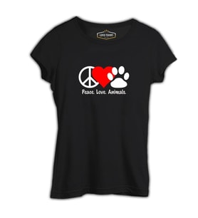 Peace Love Animals Siyah Kadın Tshirt