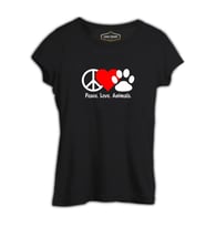 Peace Love Animals Siyah Kadın Tshirt