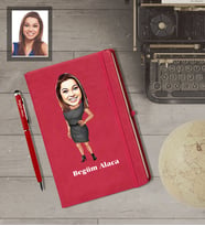Kişiye Özel Öğretmen Karikatürlü  Kırmızı Defter Kalem Hediye Seti Bayan-9