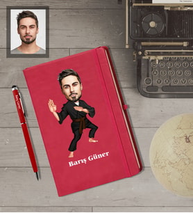 Kişiye Özel Sporcu Karikatürlü  Kırmızı Defter Kalem Hediye Seti Bay-11