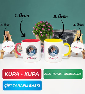 İkili Kırmızı Sarı Sevgiliye Sevgililer Günü Hediyesi 11 Kupa Bardak Anahtarlık