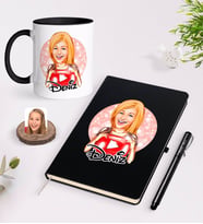 BK Gift Kişiye Özel Kadın Youtuber Karikatürlü Siyah Defter Kalem ve Kupa Seti-1 (Model 1)