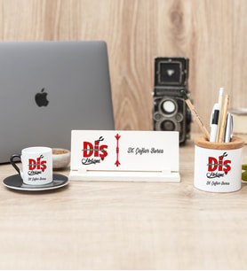 Diş Hekimi Tasarım Siyah Türk Kahvesi Fincanı Kalemlik Ve Masa İsimliği Hediye Seti