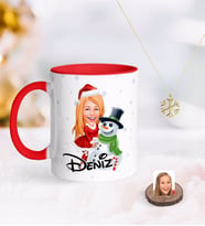 BK Gift Kişiye Özel Kadın Yeni Yıl Karikatürlü Kırmızı Kupa ve Kar Tanesi Kolye-2 (Model 1)
