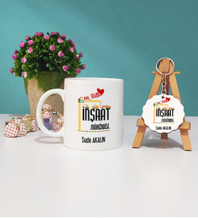 Mesajlı İnşaat Mühendisi Tasarımlı Kişiye Özel İnşaat Mühendisi Kupa Bardak ve Ahşap Anahtarlık Hediye Seti