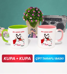 İkili Sevgiliye Sevgililer Günü Hediyesi 10 Kupa Bardak Yeşil Pembe