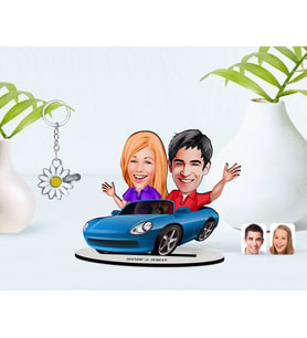 BK Gift Kişiye Özel Sevgililer Karikatürlü 3D Ahşap Biblo ve İsimli Silver Papatya Anahtarlık-52 (Model 1)