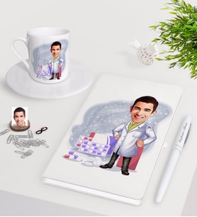 BK Gift Kişiye Özel Erkek Eczacı Karikatürlü Beyaz Defter Kalem Türk Kahvesi Fincanı Seti-3 (Model 1)