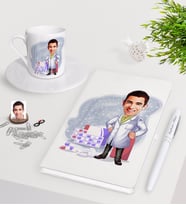 BK Gift Kişiye Özel Erkek Eczacı Karikatürlü Beyaz Defter Kalem Türk Kahvesi Fincanı Seti-3 (Model 1)