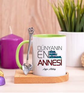 Dünyanın En İyi Annesi Ahşap Altlıklı Yeşil Kupa Bardak