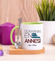 Dünyanın En İyi Annesi Ahşap Altlıklı Yeşil Kupa Bardak