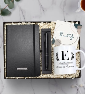 Kişiye Özel Mesajlı Kupa & İsme Özel Defter & Kalem Hediye Seti (Siyah) (Model 3)