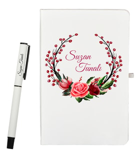 Sevgiliye Hediye Çiçek Tasarımlı Kişiye Özel Defter ve Roller Kalem Seti