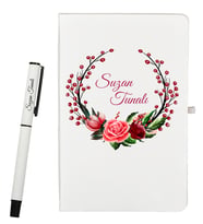 Sevgiliye Hediye Çiçek Tasarımlı Kişiye Özel Defter ve Roller Kalem Seti