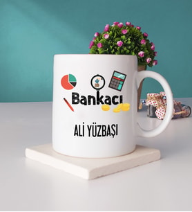 Bankacı Tasarımlı Kişiye Özel Hediye Bankacı Kupa Bardak ve Taş Bardak Altlığı Seti