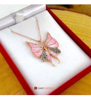 925 Ayar Gümüş Pembe Taşlı Beyaz Mineli Kelebek Kolyesi
