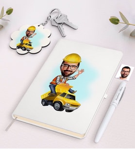 BK Gift Kişiye Özel Erkek Yol Mühendisi Karikatürlü Beyaz Defter Kalem ve Anahtarlık Hediye Seti (Model 1)