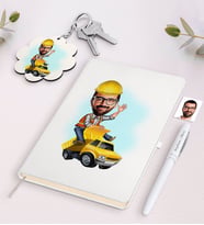 BK Gift Kişiye Özel Erkek Yol Mühendisi Karikatürlü Beyaz Defter Kalem ve Anahtarlık Hediye Seti (Model 1)