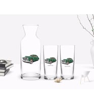 BK Gift Kişiye Özel Renkli Baskılı Retro Otomobil Tasarımlı İkili Rakı Bardağı ve Karaf Hediye Seti-3 (Beyaz)
