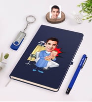 BK Gift Kişiye Özel Erkek Kadın Doğum Uzmanı Karikatürlü Lacivert Defter Kalem 32gb USB Bellek Hediye Seti-1 (Model 1)