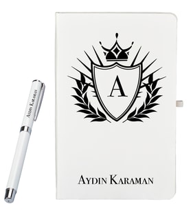 Kişiye Özel Şık Tasarımlı Beyaz Defter Ve Roller Kalem Seti