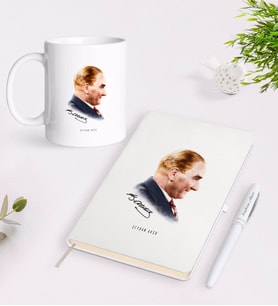 BK Gift Kişiye Özel Atatürk Temalı Beyaz Defter Kalem Kupa Seti-11 (Model 1)