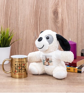 Aşk Her Zaman Kazanır Gold Kupa Bardak ve Peluş Köpek
