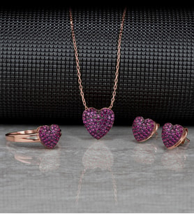 Gümüş Zirkon Taşlı " Kalp " Tasarım Kolye-Küpe-Yüzük Set (Rose)