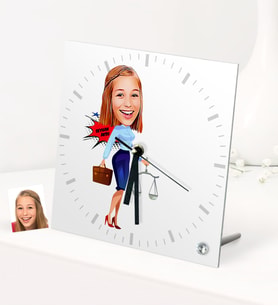 BK Gift Kişiye Özel Bayan Avukat Karikatürlü Masaüstü Kare Cam Saat - 3 (Beyaz)