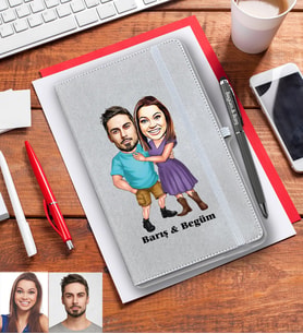 Kişiye Özel Sevgili Karikatürlü Gri Defter Kalem Hediye Seti Model 1