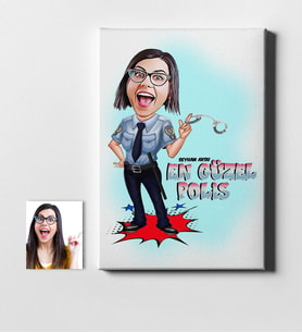BK Gift Kişiye Özel Bayan En Güzel Polis Karikatür Kanvas Tablo 50x70cm 1