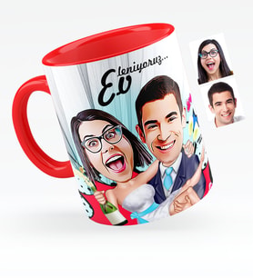 BK Gift Kişiye Özel Evleniyoruz Karikatürlü Kırmızı Kupa Bardak  4