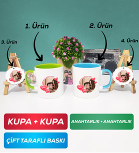 İkili Yeşil Mavi Sevgiliye Sevgililer Günü Hediyesi 8 Kupa Bardak Anahtarlık