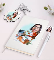 BK Gift Kişiye Özel Kadın Bankacı Karikatürlü Beyaz Defter Kalem ve Anahtarlık Hediye Seti-1 (Model 1)