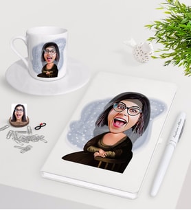 BK Gift Kişiye Özel Mona Lisa Karikatürlü Beyaz Defter Kalem Türk Kahvesi Fincanı Seti-1 (Model 1)