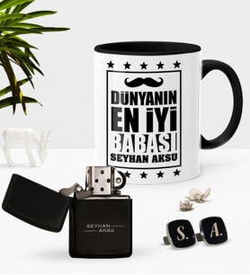 BK Gift Kişiye Özel Dünyanın En İyi Babası Siyah Kupa Çakmak Kol Düğmesi Seti-5 (Model 1)