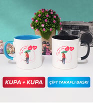 İkili Sevgiliye Sevgililer Günü Hediyesi 3 Kupa Bardak Mavi Siyah