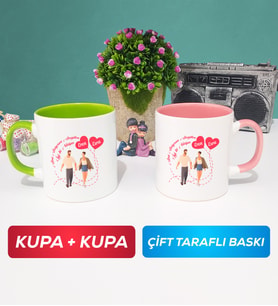 İkili Sevgiliye Sevgililer Günü Hediyesi 4 Kupa Bardak Yeşil Pembe